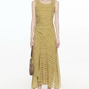 Elegant Asymmetrical Dress in Mustard Plaid